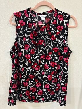 Liz Claiborne Black Floral Tie‑Neck Sleeveless Blouse | Size XL (EUC)